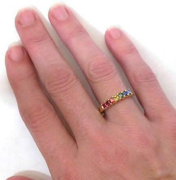 Natural Princess Cut Rainbow Sapphire Ring in 14k yellow gold