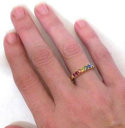 Natural Princess Cut Rainbow Sapphire Ring in 14k yellow gold