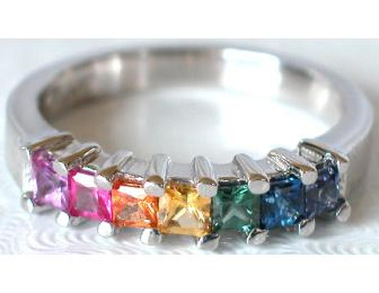 Princess cut natural rainbow sapphire ring in 14k white gold