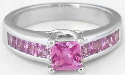 Princess Cut Natural Pink Sapphire Ring in 14k white gold with Channel Set Pink Sapphires in the band
