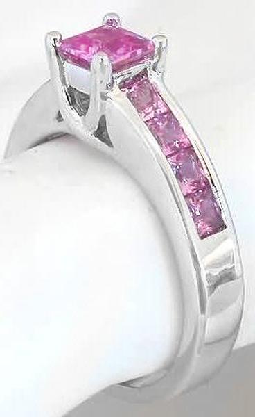Princess Cut Natural Pink Sapphire Statement Ring in 14k white gold with Channel Set Pink Sapphires in the band