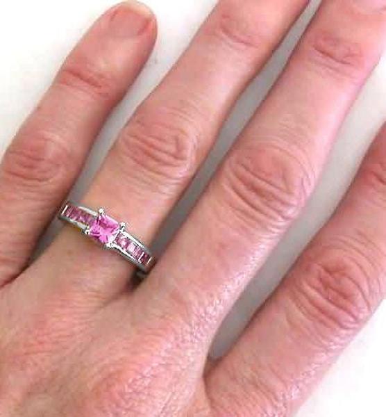 Hand View of Pink Sapphire Channel Set Ring in 14k white gold