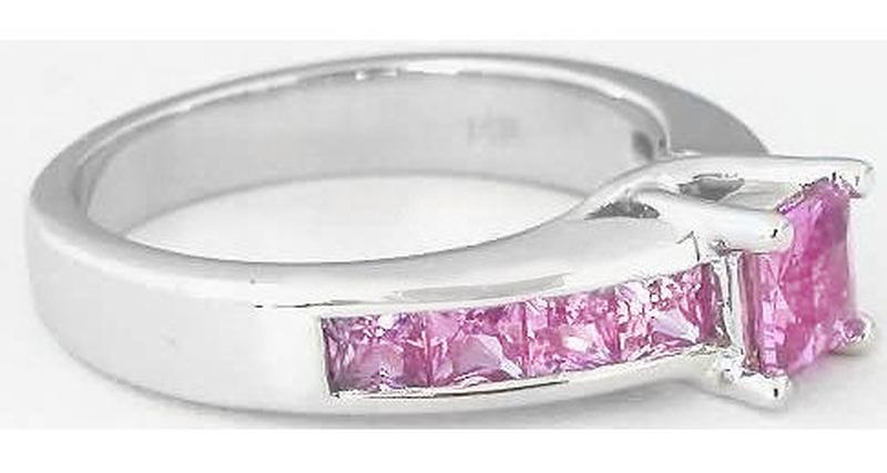 Princess Cut Natural Pink Sapphire Ring in 14k white gold with Channel Set Princess cut Pink Sapphires in the band