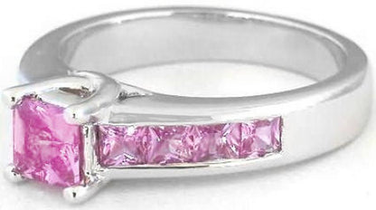 Princess Cut Natural Pink Sapphire Statement Ring in 14k white gold with Channel Set Pink Sapphires in the band