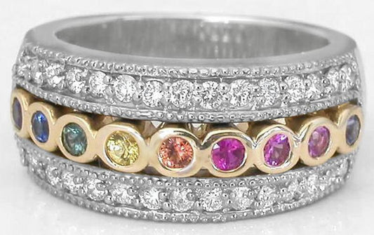 Wide Band Anniversary Ring with Bezel Set Natural Rainbow Sapphires and Fine Diamonds in 14k white and yellow gold