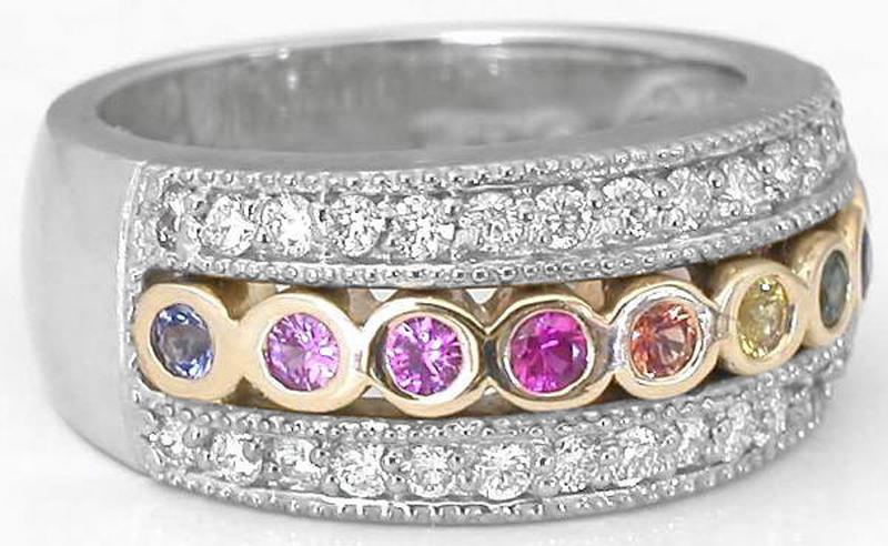 Unique Anniversary Ring Signature Ring with Bezel Set 2mm Rainbow Sapphires and Fine White Diamonds in 14k gold