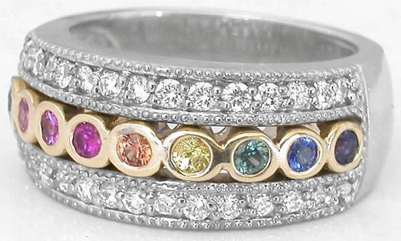 Signature Natural Rainbow Sapphire Diamond Three Row Ring in 14k white and yellow gold