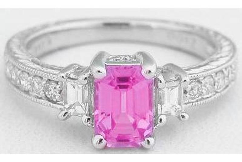 1.50 ctw Emerald Cut Pink Sapphire and Diamond Ring in 14k white gold