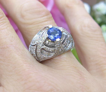 Bold scalloped natural sapphire and diamond ring with engraved 14k white gold band