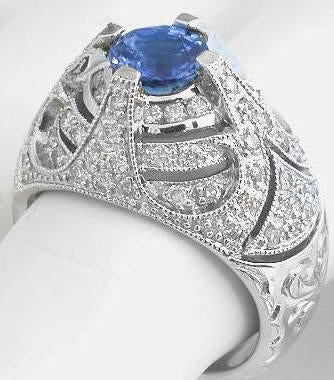 Luxury sapphire and diamond vintage designed bold cocktail ring with intricate details