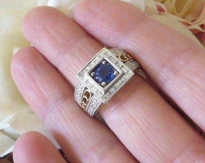 Bold Round Genuine Sapphire Fashion Ring with a Real Diamond Halo in solid 14k white gold