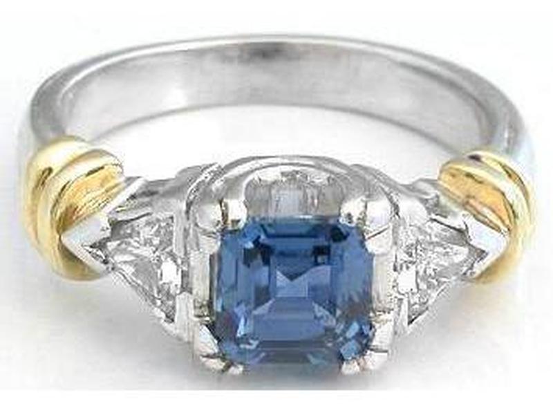 Trillion cut natural blue sapphire ring in 18k yellow gold or platinum