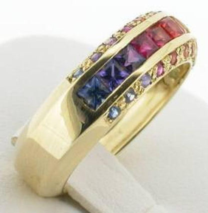 Natural Princess Cut Sapphires in Blue, Purple, Red, Orange, Yellow and Green Channel set in 14k yellow gold