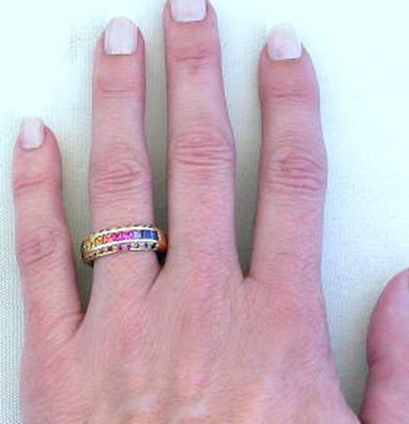 Unique Rainbow Sapphire Ring with Princess and Round 2-3mm Sapphires in 14k yellow gold