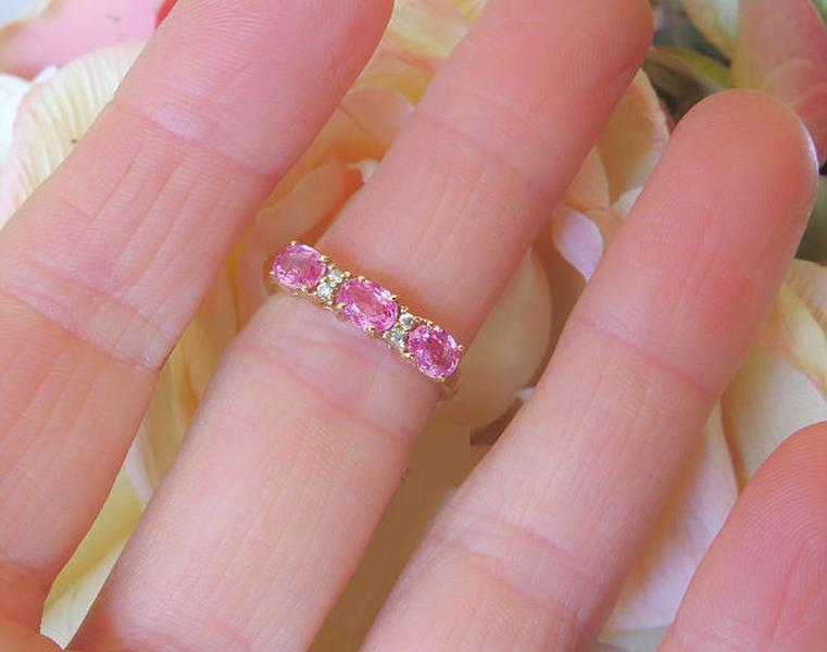 Three Stone East West Oval Genuine Pink Sapphire with Diamond Accents Ring in 14k yellow gold