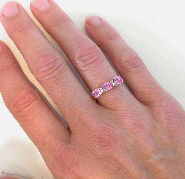 Anniversary Ring with Three East West Set Oval Pink Sapphires with Diamond Accents in 14k yellow gold