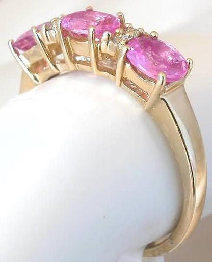 Oval Natural Pink Sapphire Band Ring in 14k yellow gold -Triple East West Set Sapphires