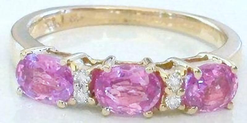 Oval Natural Pink Sapphire Band Ring in 14k yellow gold -Triple East West Set Sapphires