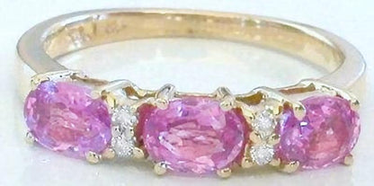 Oval Natural Pink Sapphire Band Ring in 14k yellow gold -Triple East West Set Sapphires