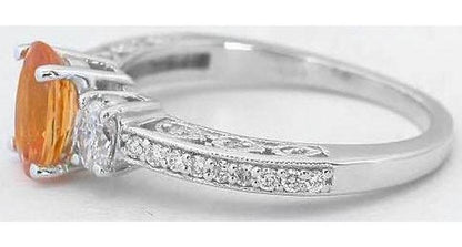 Oval Natural Orange Sapphire and Oval Diamond Engagement Ring in 14k white gold - Vintage Design