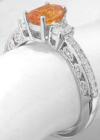1 carat Oval Natural Orange Sapphire and 0.42 carat Oval Diamond Engagement Ring in 14k white gold - Vintage Design