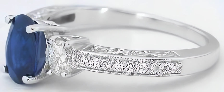 Oval natural blue sapphire oval diamond 3 stone engagement ring in white gold - antique design