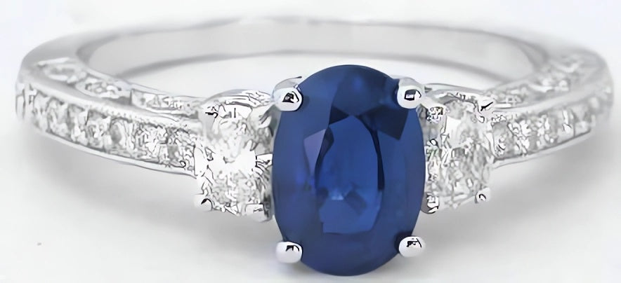 Oval natural blue sapphire oval diamond 3 stone engagement ring in white gold - vintage design