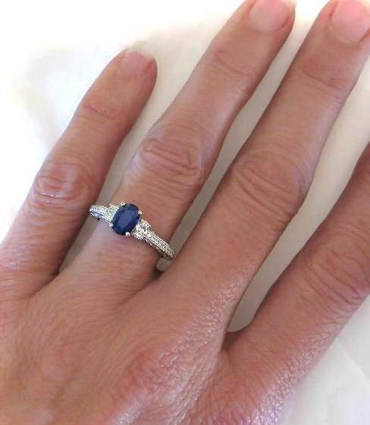 Traditional Oval natural sapphire three stone engagement ring in 14k white gold - antique design