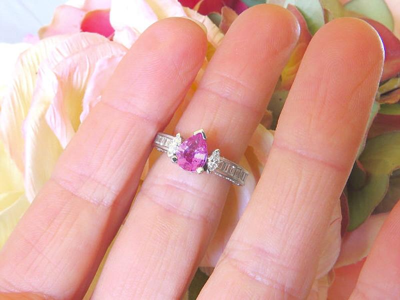 Vintage Style Natural Pear Cut Pink Sapphire Engagement Ring with Real Baguette Diamonds in solid 18k white gold