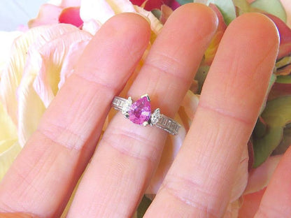 Vintage Style Natural Pear Cut Pink Sapphire Engagement Ring with Real Baguette Diamonds in solid 18k white gold