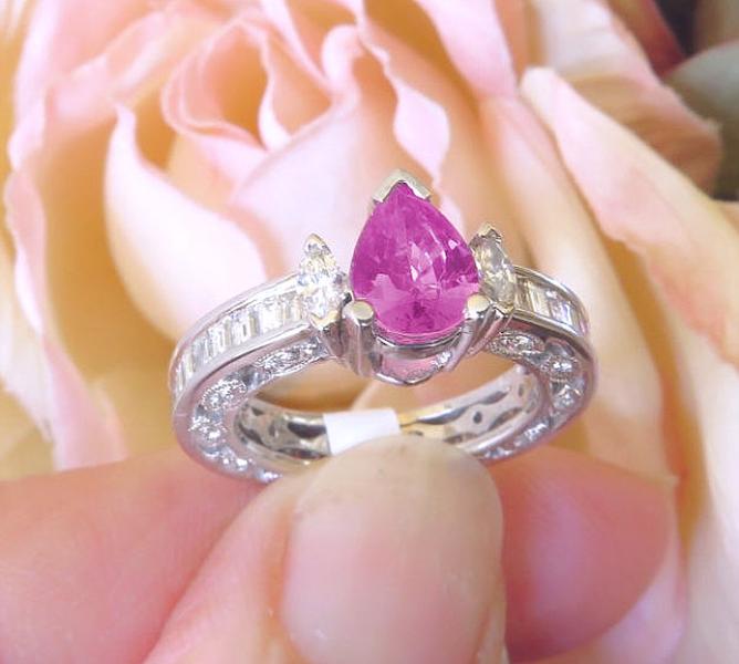 Antique Style Natural Pear Cut Pink Sapphire Ring with Real Baguette Diamonds in solid 18k white gold