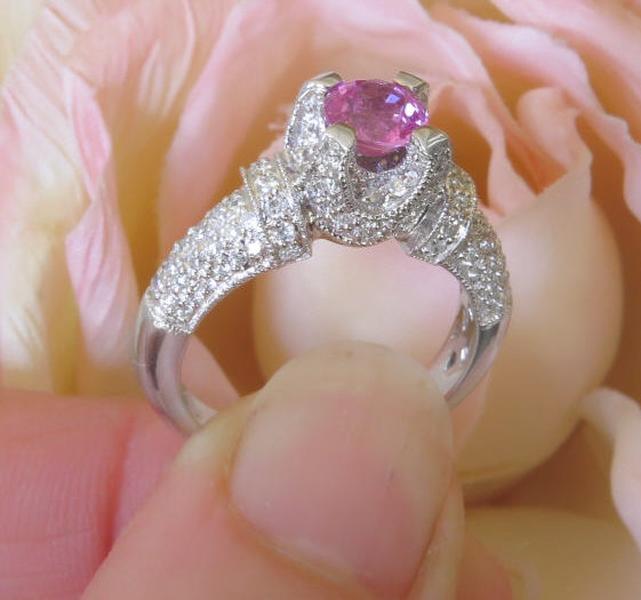 Round Cut Natural Pink Sapphire Real Pave Diamond Ring in antique design 18k white gold setting