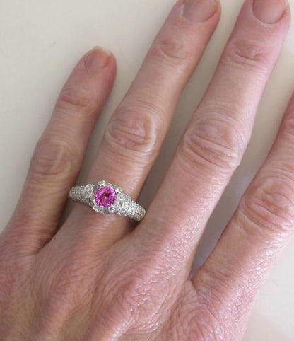1.57 ctw Round Pink Sapphire and Pave Diamond Ring in 18k white gold