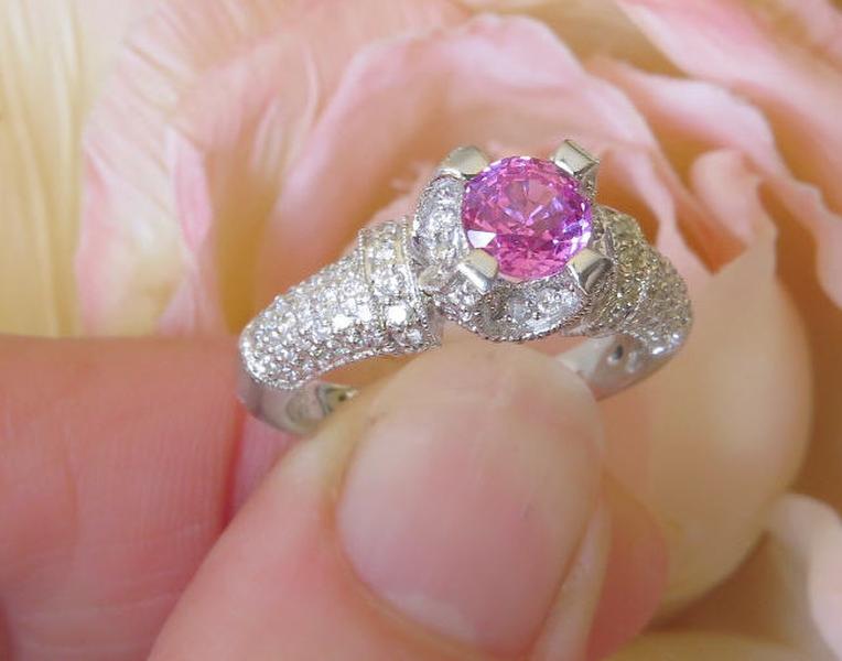 Round Real Pink Sapphire Engagment Ring with Pave Diamonds in solid 18k white gold for sale