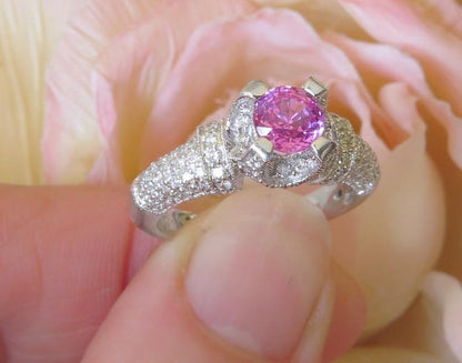 Round Real Pink Sapphire Engagment Ring with Pave Diamonds in solid 18k white gold for sale