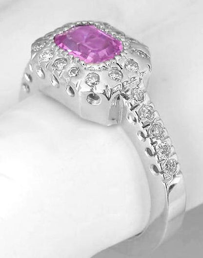 Natural Emerald Cut Bezel Set Pink Sapphire Diamond Ring in 14k white gold for sale