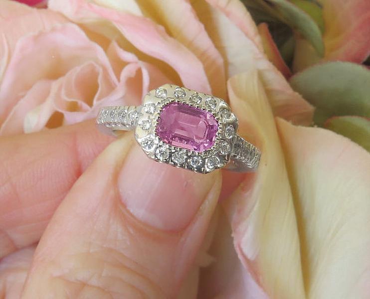 East West Set Natural Pink Sapphire Ring with Real Diamonds in solid 14k white gold