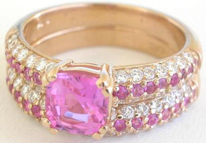 Pink Sapphire Engagement Ring and Matching Band with Cushion Cut Pink Sapphire and Round Diamonds in Rose Gold