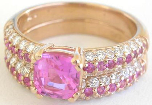 Pink Sapphire Engagement Ring and Matching Band with Cushion Cut Pink Sapphire and Round Diamonds in Rose Gold