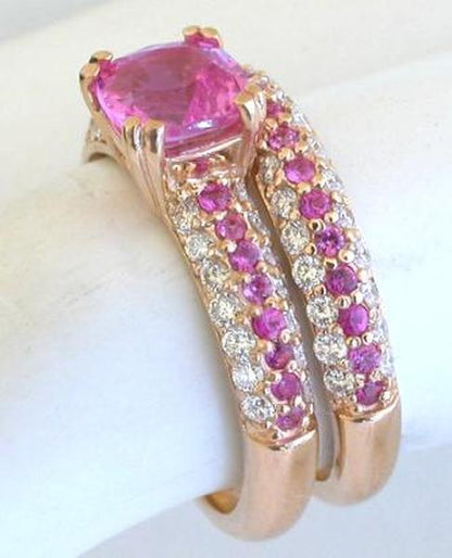 Side View of Three Rows of Pave Diamonds and Pink Sapphires with Natural Cushion Cut Pink Sapphire Center