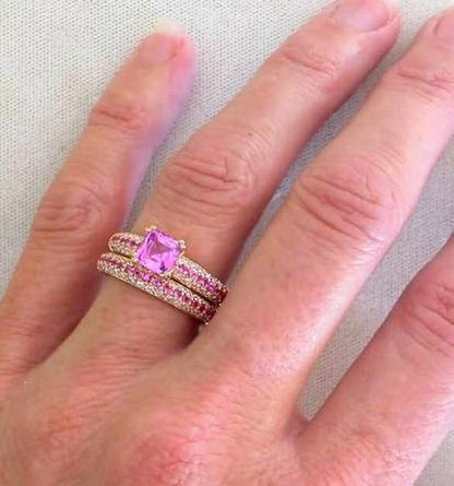 Unique Pink Sapphire Engagement Rings Featuring Natural Cushion Pink Sapphire and Round Diamonds in 14k rose gold
