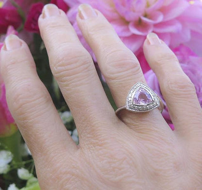 Natural Trillion Light Pink Sapphire Ring with Real Diamond Halo in 14k white gold for sale