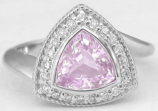 Halo set trillion cut light pink natural sapphire ring in 14k white gold