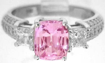 Platinum Pink Sapphire Engagment Ring with Cushion Cut Sapphire and Fancy Princess Cut Diamonds and Round Diamonds