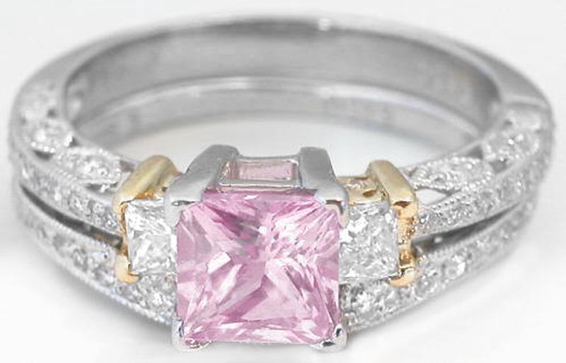 Princess cut natural pink sapphire engagement ring in 18k white gold or platinum