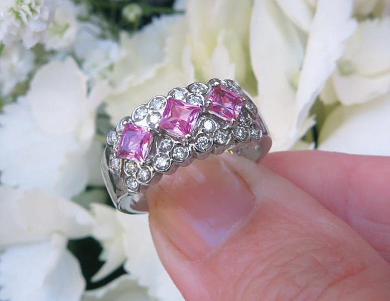 Unique Natural Pink Sapphire Anniversary Band with Diamonds. Diagonal set princess cut sapphires in solid 14k white gold. Real Sapphires set on the diagonal