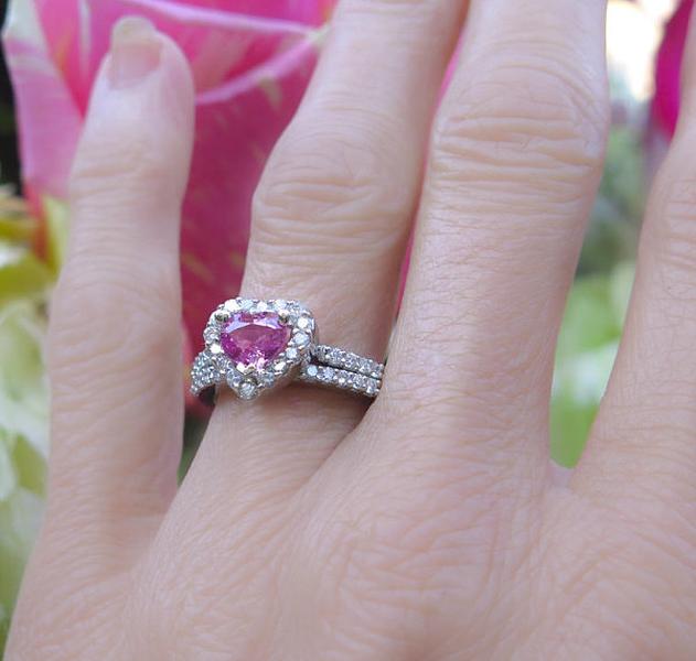 Platinum Natural Pink Sapphire Engagement Ring - Heat Cut Sapphire ring and band set