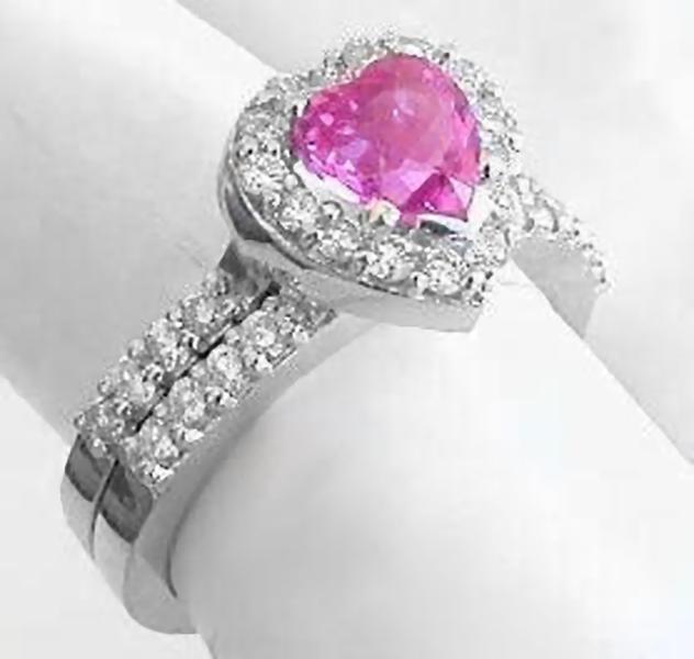 Platinum Natural Pink Sapphire Engagement Ring - Heat Cut Sapphire with Diamond Halo