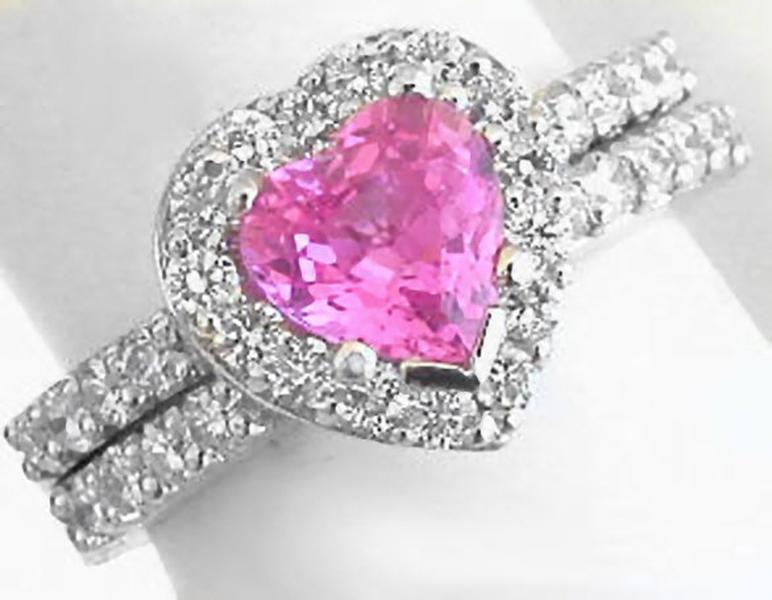 Platinum Natural Pink Sapphire Engagement Ring - Heat Cut Sapphire ring and band set