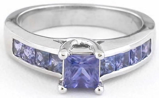 Natural Princess Cut Purple Sapphire Engagement Ring in 14k white gold with channel set princess cut sapphires